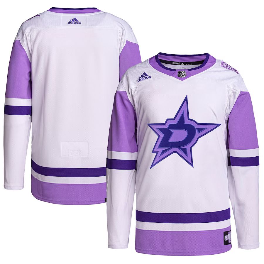 Men Dallas Stars adidas White Purple Hockey Fights Cancer Primegreen Authentic Blank Practice NHL Jersey